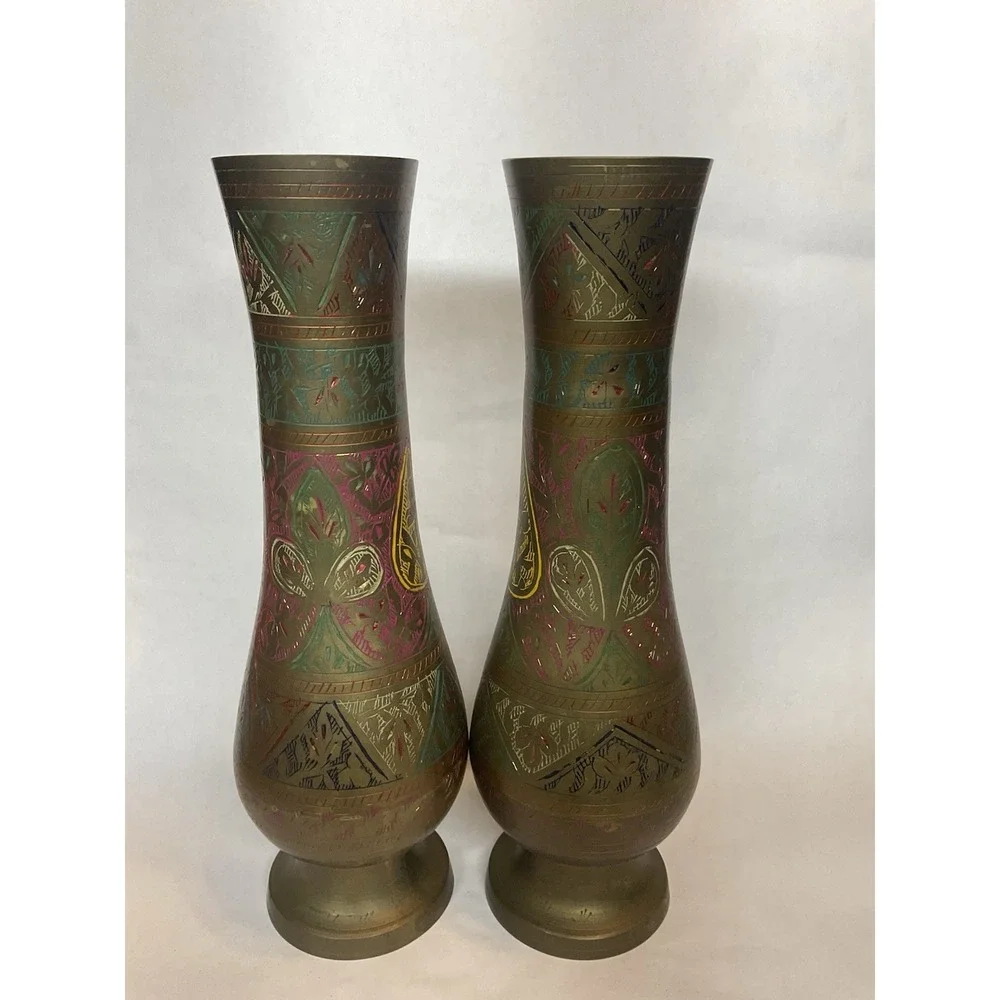 Vtg Brass Hand Etched Multicolored Flower Bud Vases Set of 2 Made In India 12